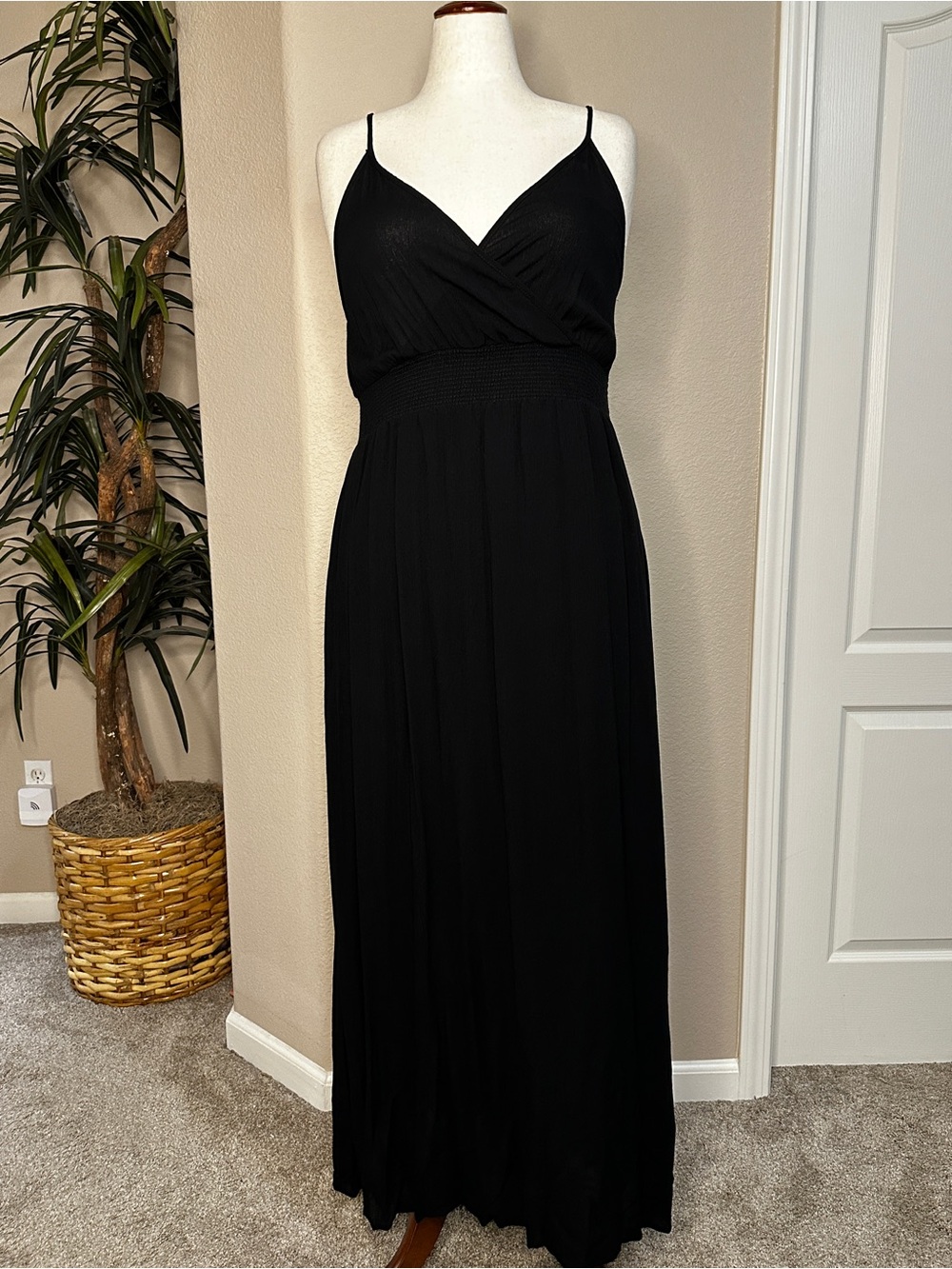 West Kei Black Maxi Dress with Smocked Waist and V-Neck